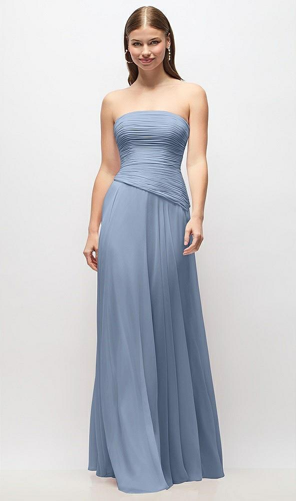 strapless chiffon maxi dress with asymmetrical ruched drop waist