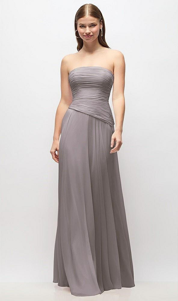 strapless chiffon maxi dress with asymmetrical ruched drop waist