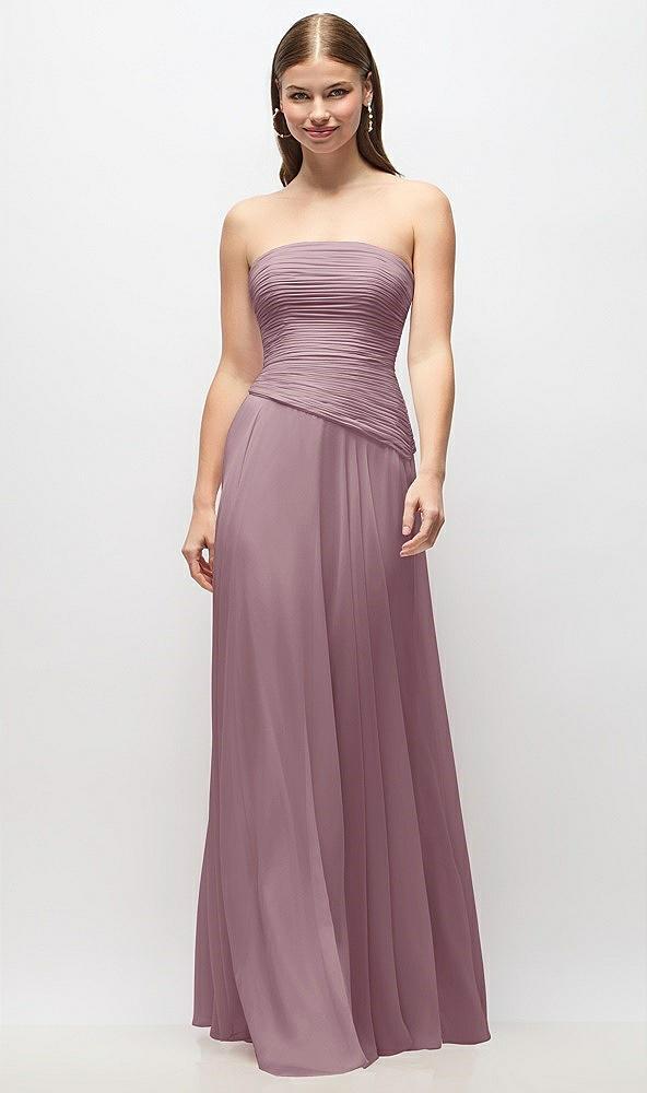 strapless chiffon maxi dress with asymmetrical ruched drop waist