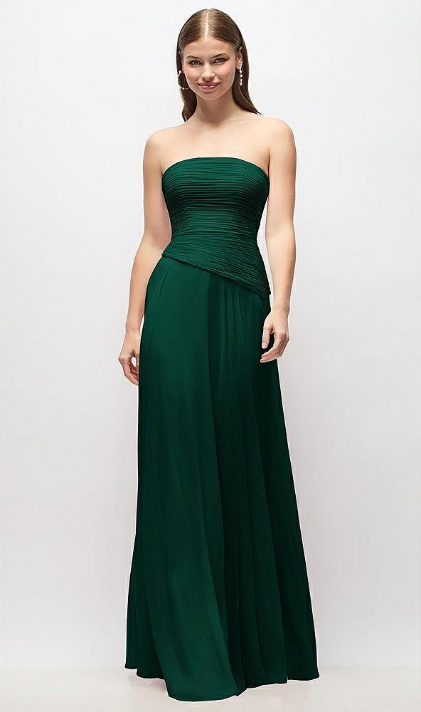 strapless chiffon maxi dress with asymmetrical ruched drop waist