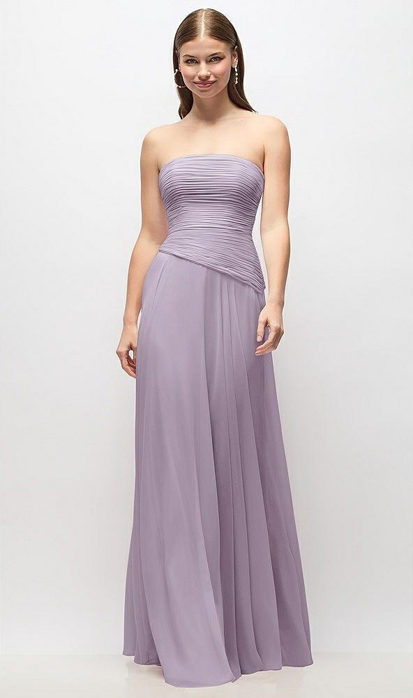 strapless chiffon maxi dress with asymmetrical ruched drop waist