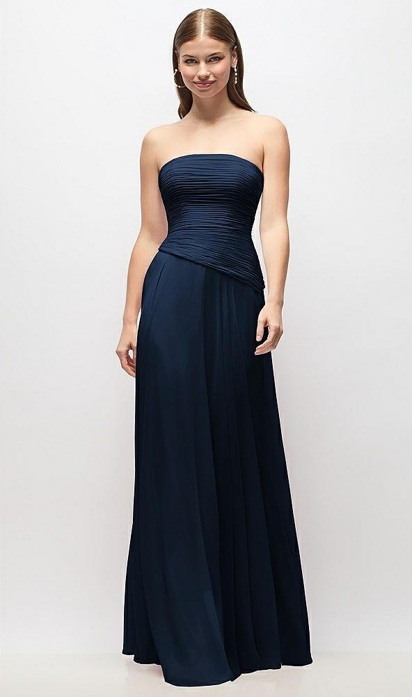 strapless chiffon maxi dress with asymmetrical ruched drop waist