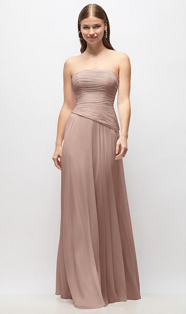 strapless chiffon maxi dress with asymmetrical ruched drop waist