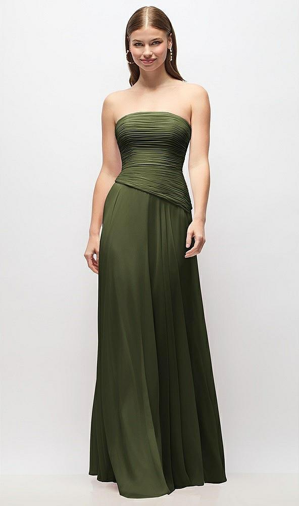 strapless chiffon maxi dress with asymmetrical ruched drop waist
