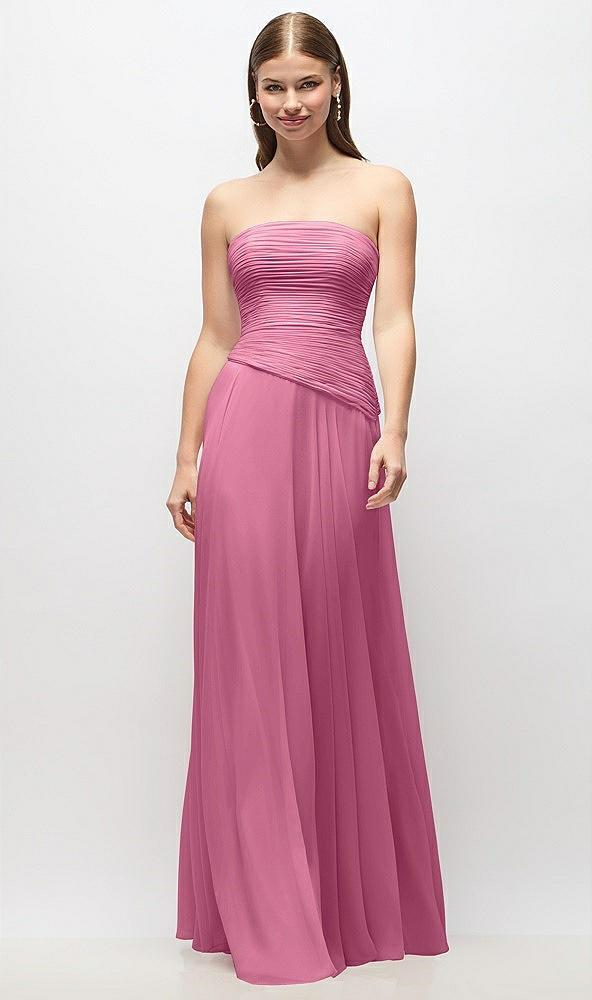 strapless chiffon maxi dress with asymmetrical ruched drop waist
