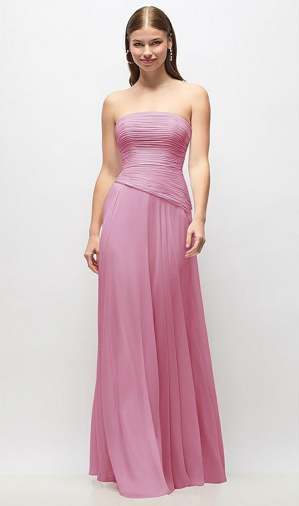 strapless chiffon maxi dress with asymmetrical ruched drop waist