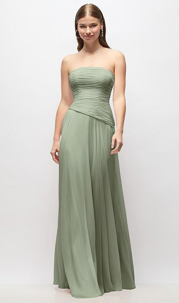 strapless chiffon maxi dress with asymmetrical ruched drop waist