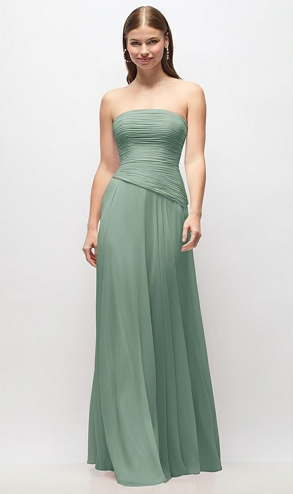 strapless chiffon maxi dress with asymmetrical ruched drop waist