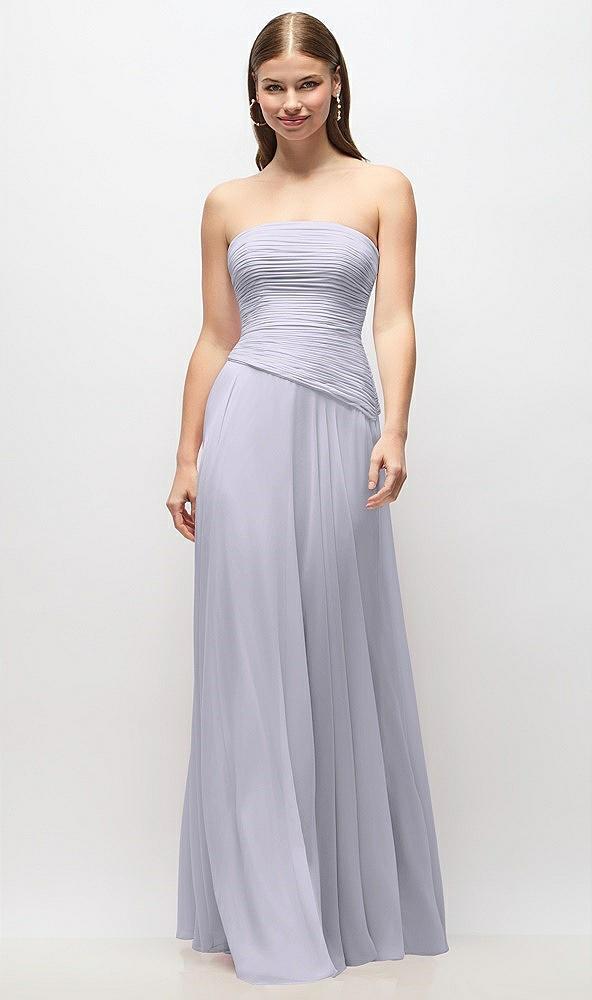 strapless chiffon maxi dress with asymmetrical ruched drop waist