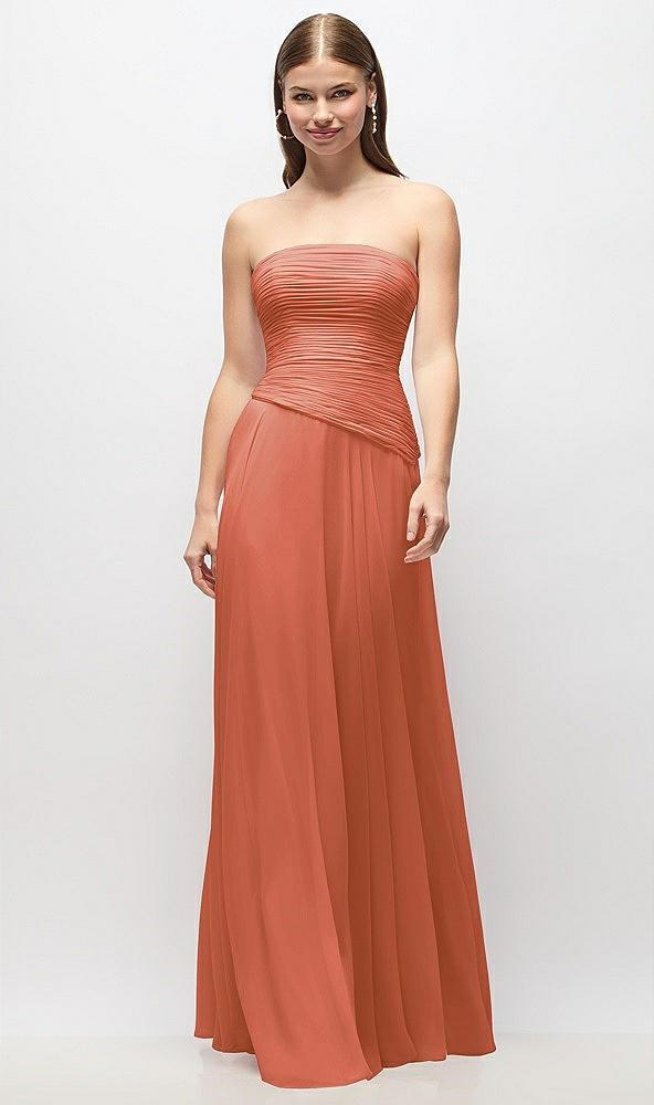 strapless chiffon maxi dress with asymmetrical ruched drop waist