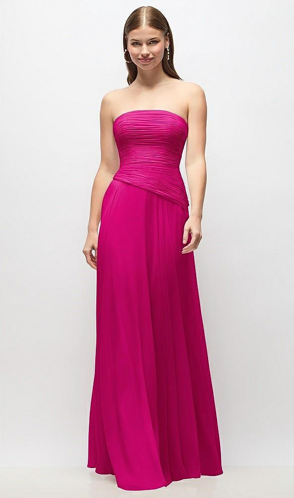 strapless chiffon maxi dress with asymmetrical ruched drop waist