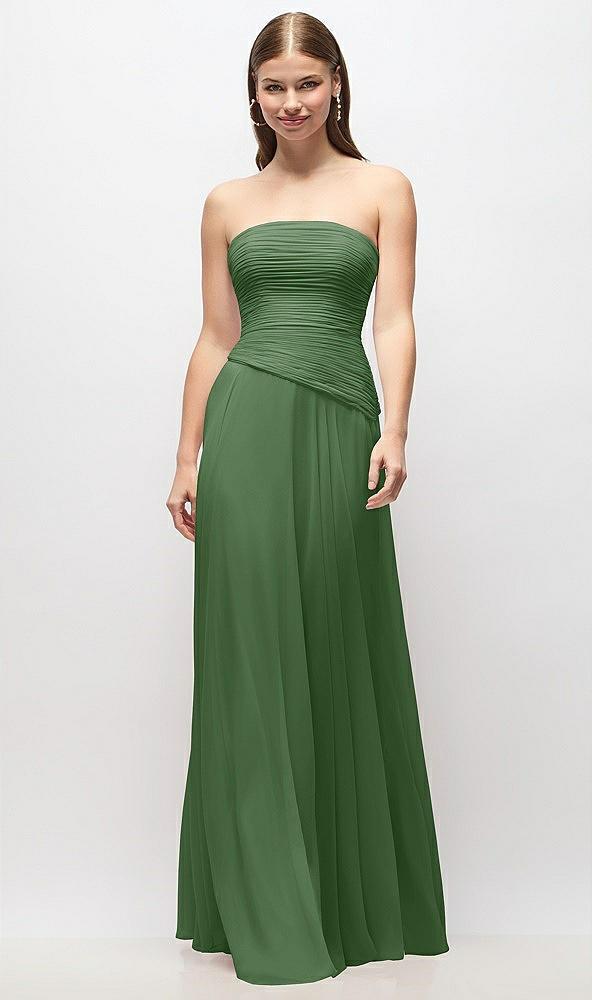 strapless chiffon maxi dress with asymmetrical ruched drop waist