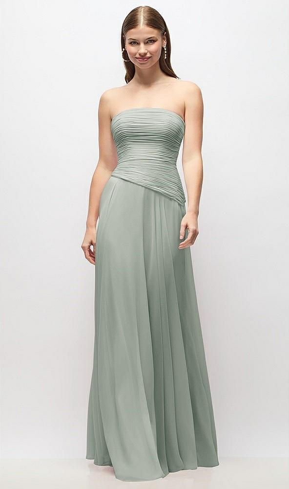 strapless chiffon maxi dress with asymmetrical ruched drop waist