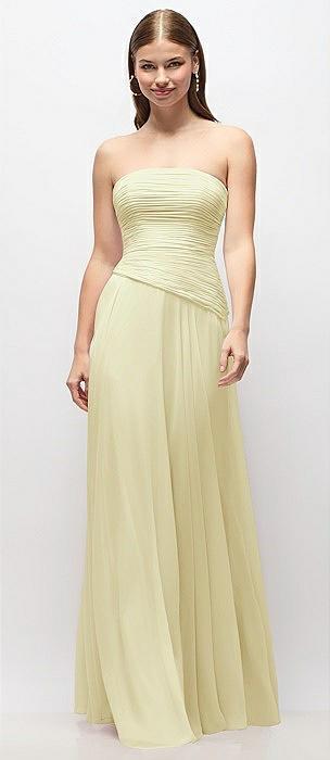 strapless chiffon maxi dress with asymmetrical ruched drop waist