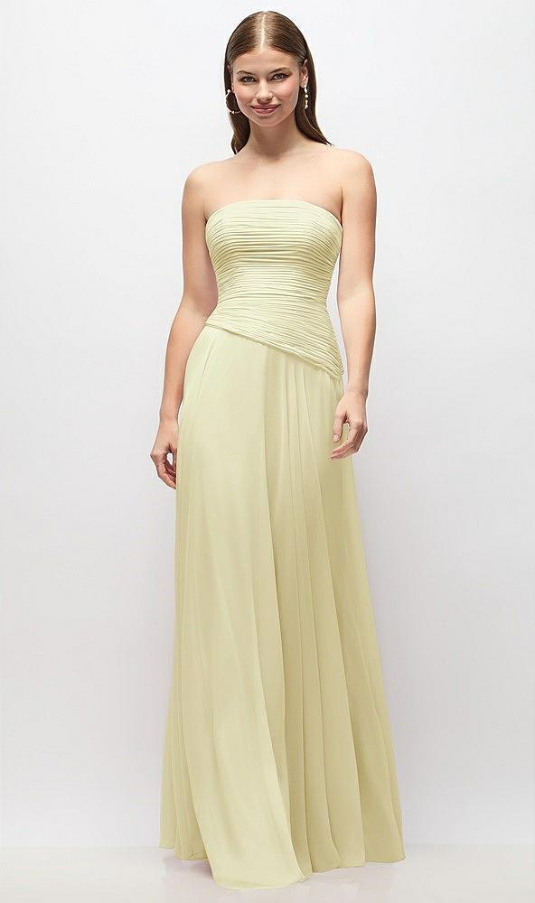 strapless chiffon maxi dress with asymmetrical ruched drop waist