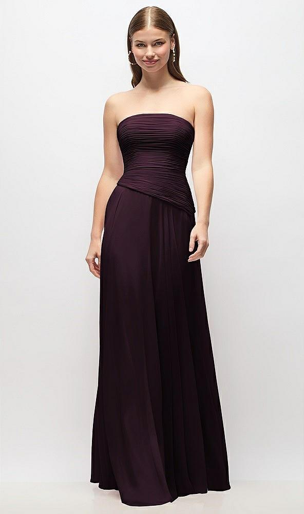 strapless chiffon maxi dress with asymmetrical ruched drop waist