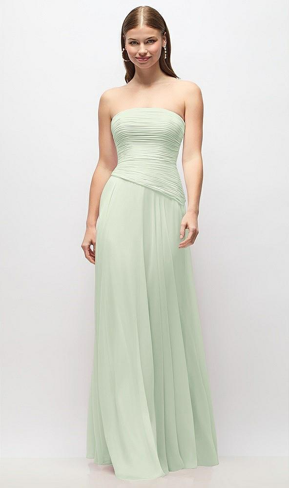 strapless chiffon maxi dress with asymmetrical ruched drop waist