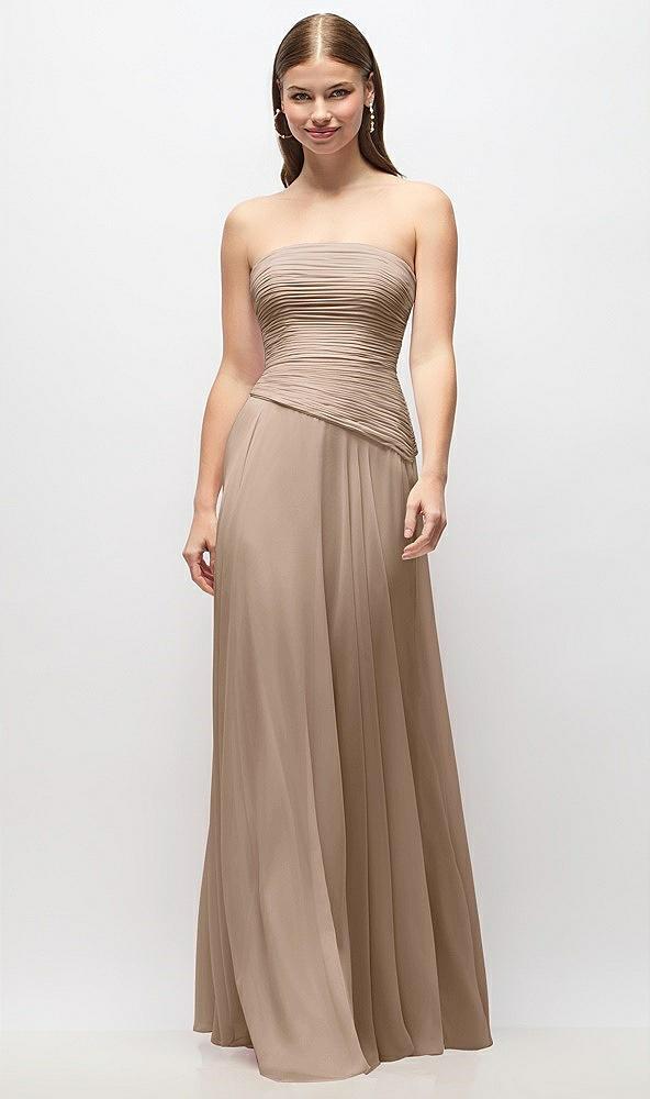strapless chiffon maxi dress with asymmetrical ruched drop waist