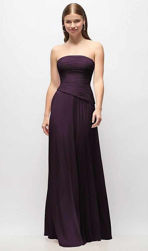strapless chiffon maxi dress with asymmetrical ruched drop waist