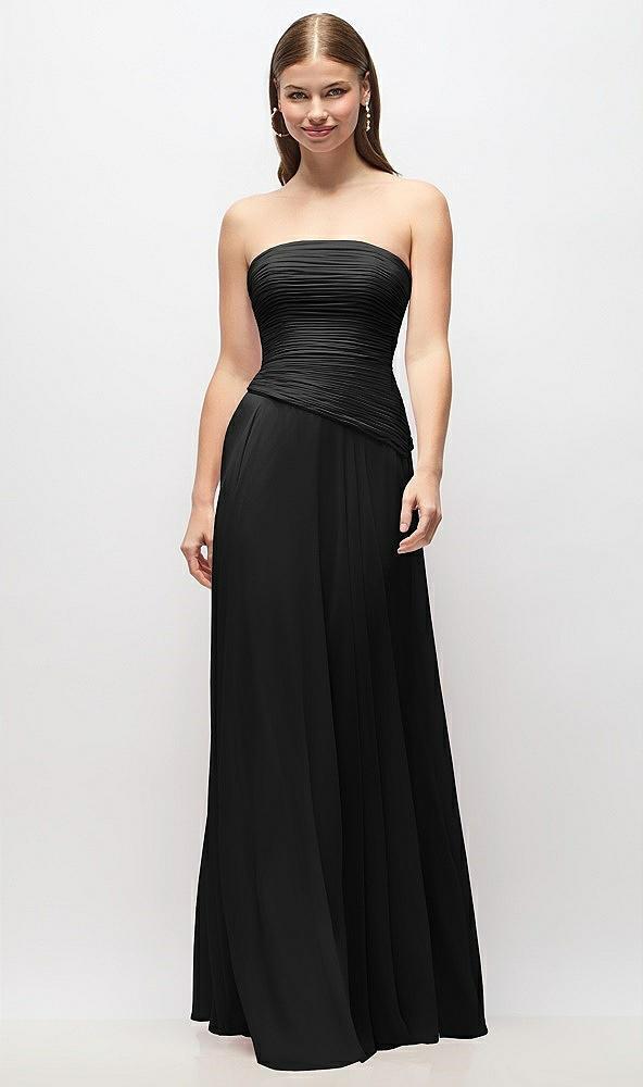 strapless chiffon maxi dress with asymmetrical ruched drop waist