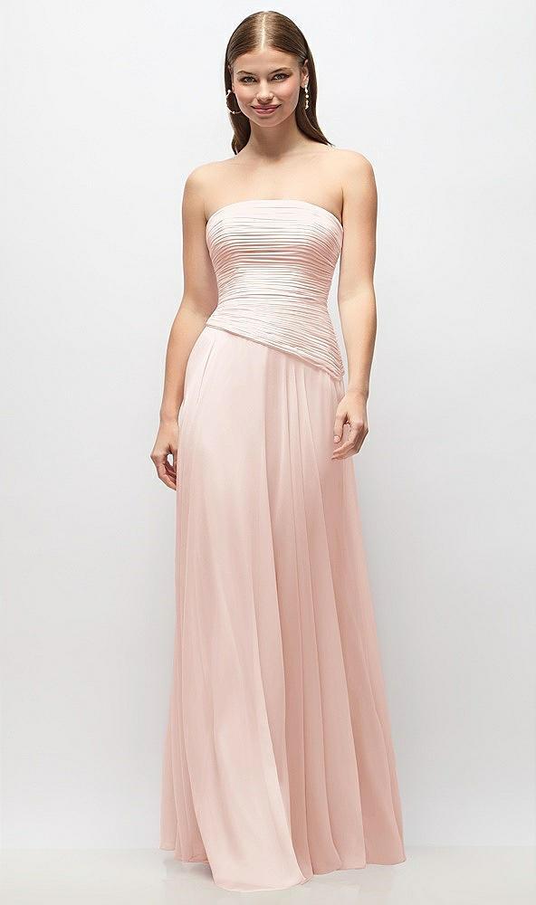 strapless chiffon maxi dress with asymmetrical ruched drop waist