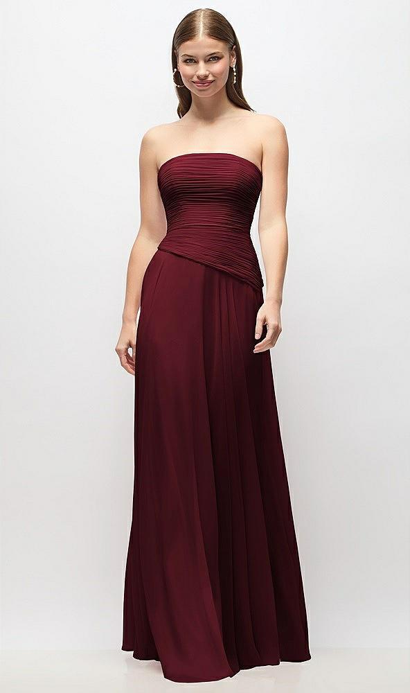 strapless chiffon maxi dress with asymmetrical ruched drop waist