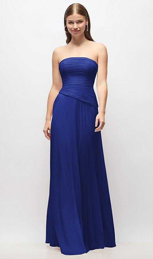 strapless chiffon maxi dress with asymmetrical ruched drop waist