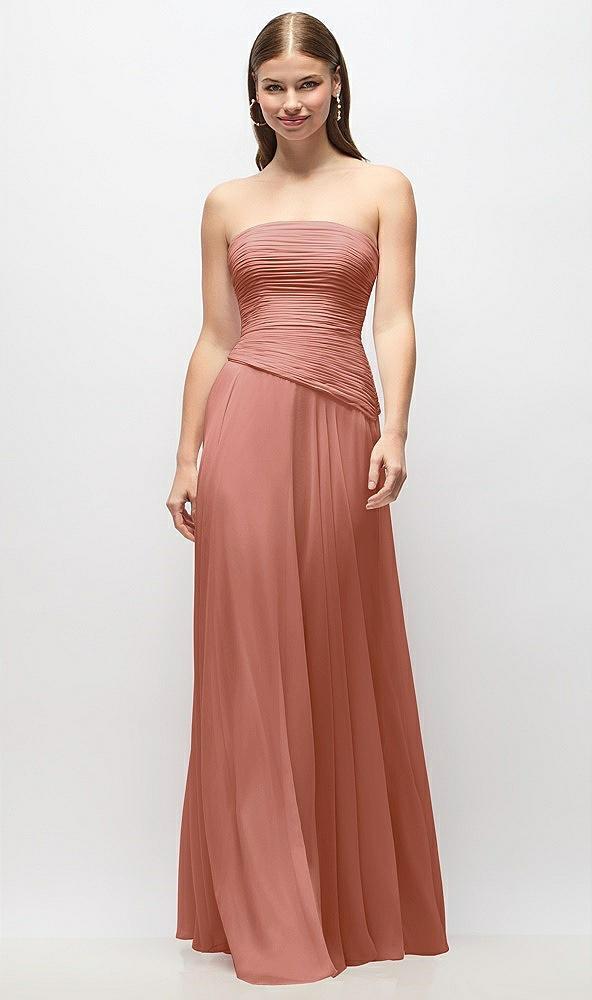 strapless chiffon maxi dress with asymmetrical ruched drop waist