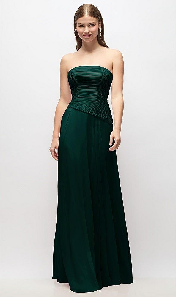 strapless chiffon maxi dress with asymmetrical ruched drop waist