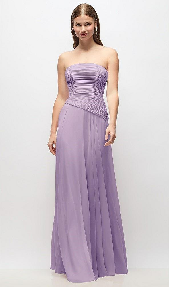 strapless chiffon maxi dress with asymmetrical ruched drop waist
