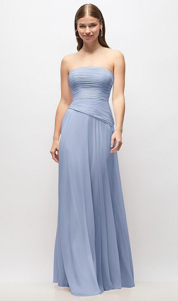 strapless chiffon maxi dress with asymmetrical ruched drop waist