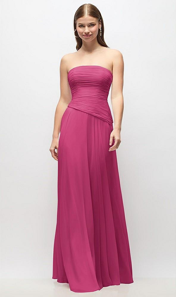 strapless chiffon maxi dress with asymmetrical ruched drop waist