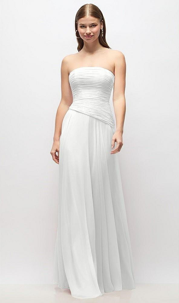 strapless chiffon maxi dress with asymmetrical ruched drop waist