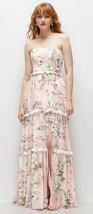 strapless chiffon maxi dress with tiered micro ruffle full skirt