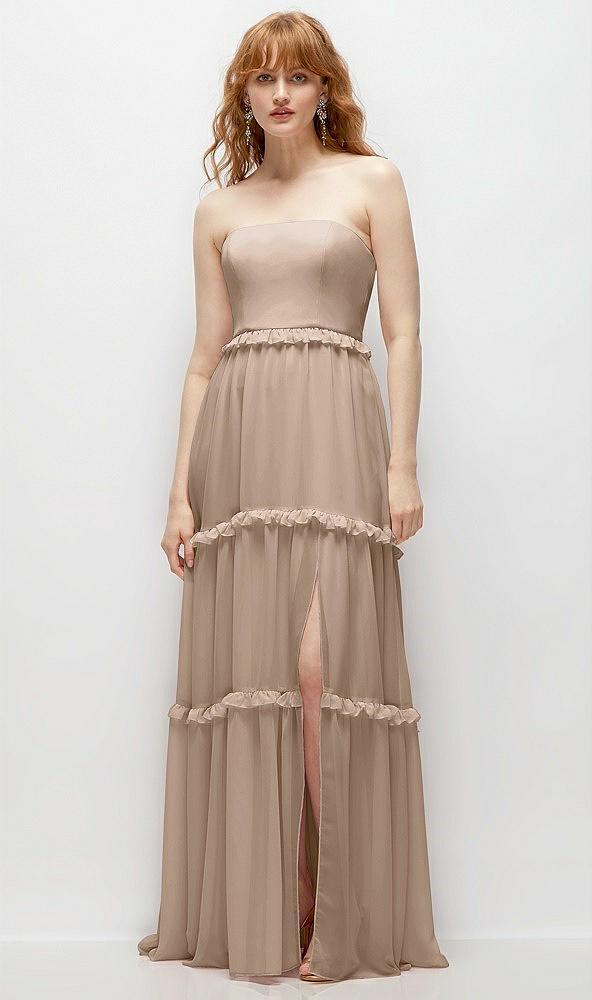 strapless chiffon maxi dress with tiered micro ruffle full skirt