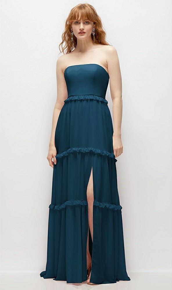 strapless chiffon maxi dress with tiered micro ruffle full skirt