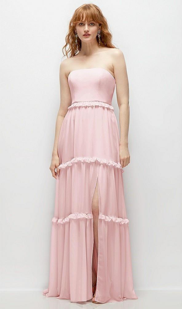 strapless chiffon maxi dress with tiered micro ruffle full skirt