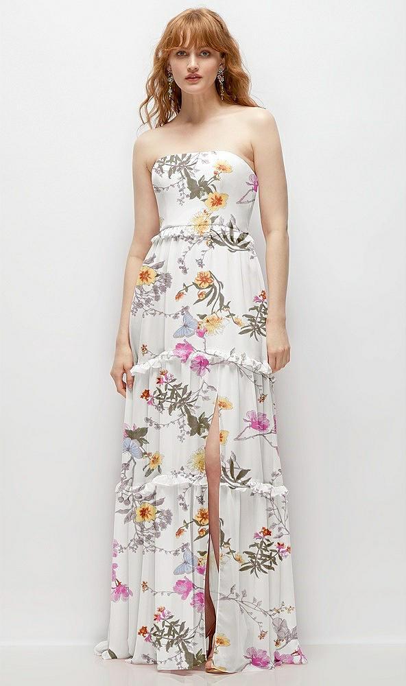 strapless chiffon maxi dress with tiered micro ruffle full skirt