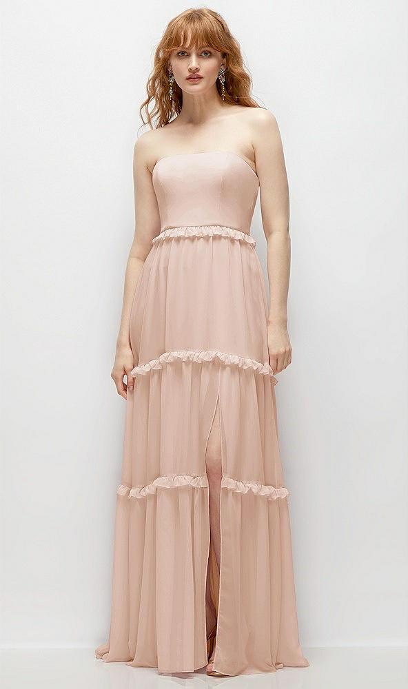 strapless chiffon maxi dress with tiered micro ruffle full skirt