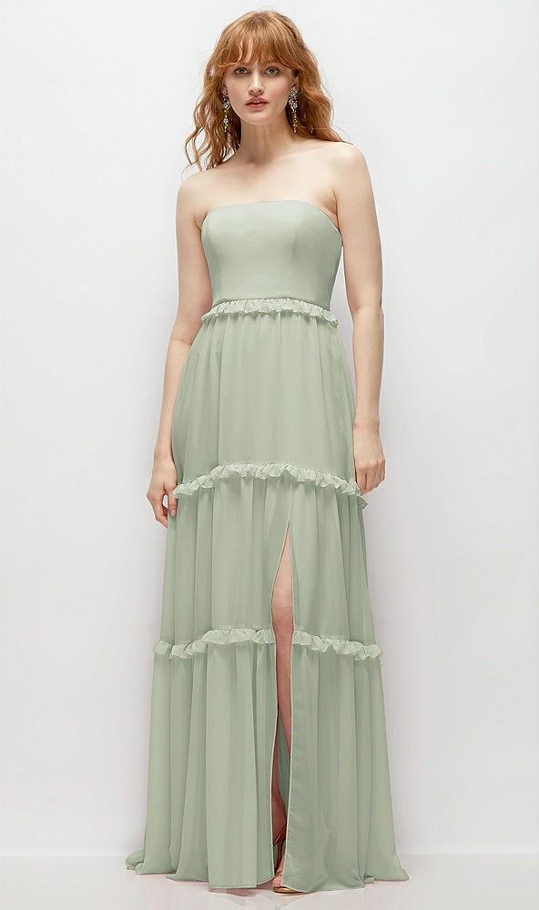 strapless chiffon maxi dress with tiered micro ruffle full skirt