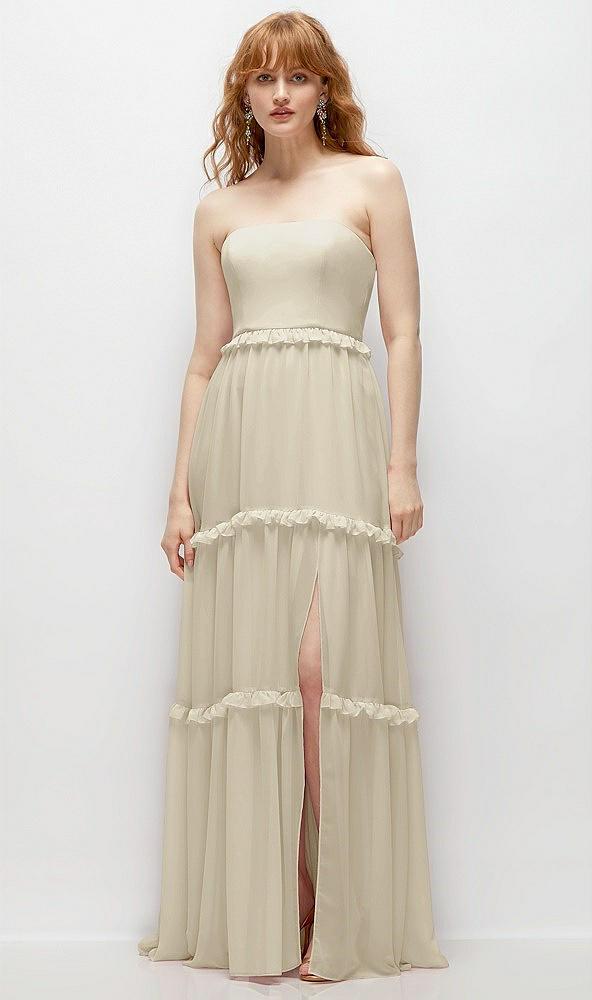 strapless chiffon maxi dress with tiered micro ruffle full skirt