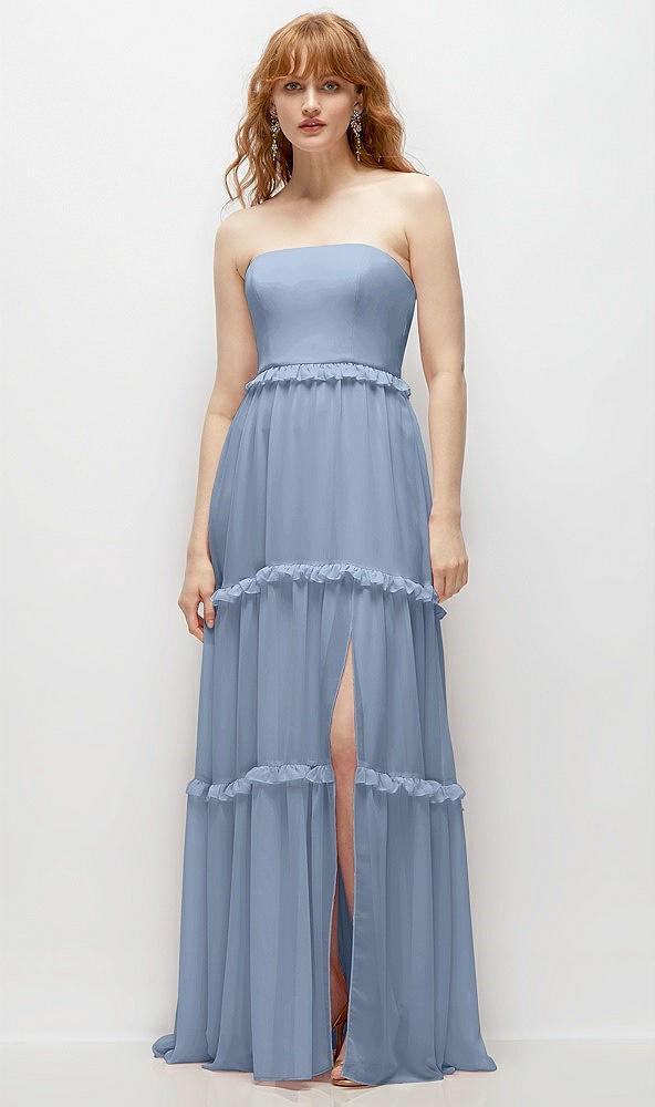 strapless chiffon maxi dress with tiered micro ruffle full skirt