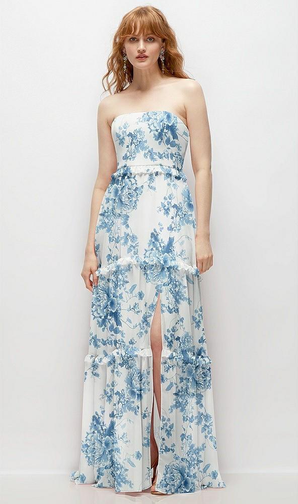 strapless chiffon maxi dress with tiered micro ruffle full skirt