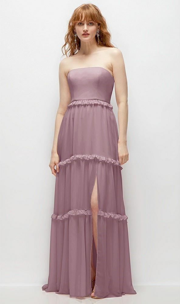 strapless chiffon maxi dress with tiered micro ruffle full skirt