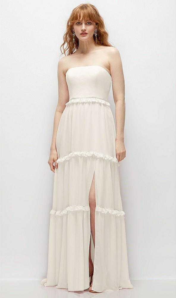 strapless chiffon maxi dress with tiered micro ruffle full skirt