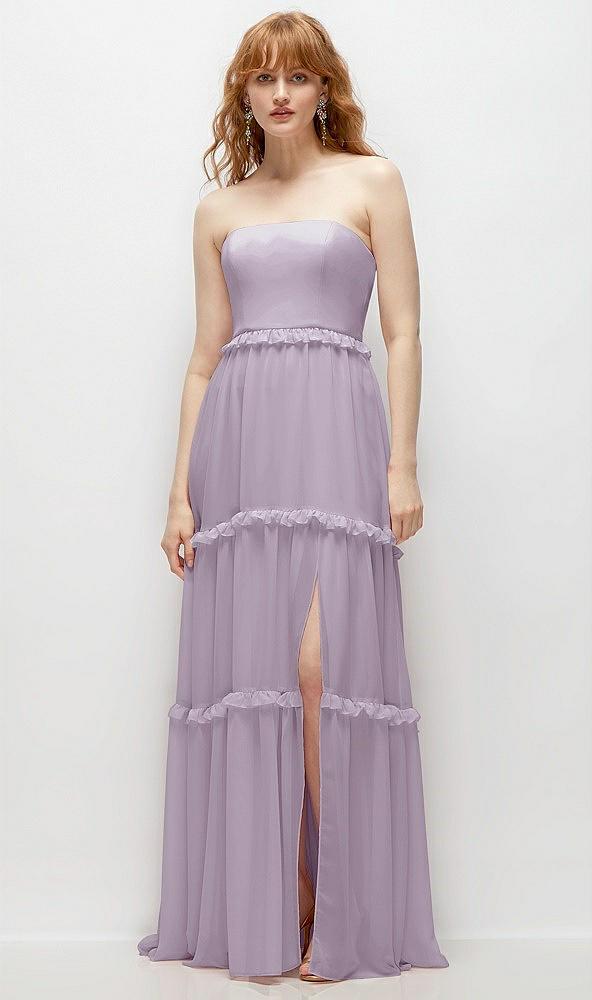 strapless chiffon maxi dress with tiered micro ruffle full skirt