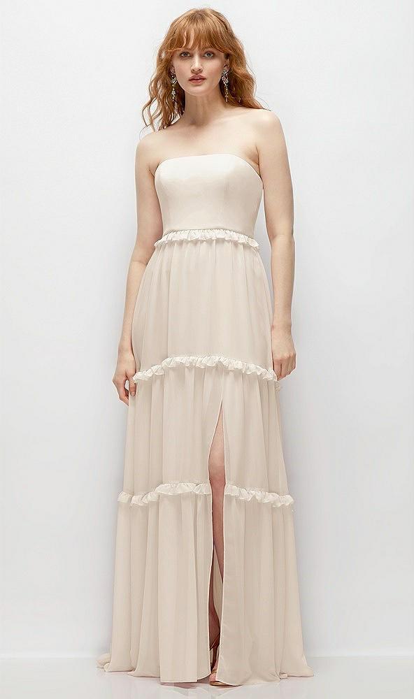 strapless chiffon maxi dress with tiered micro ruffle full skirt