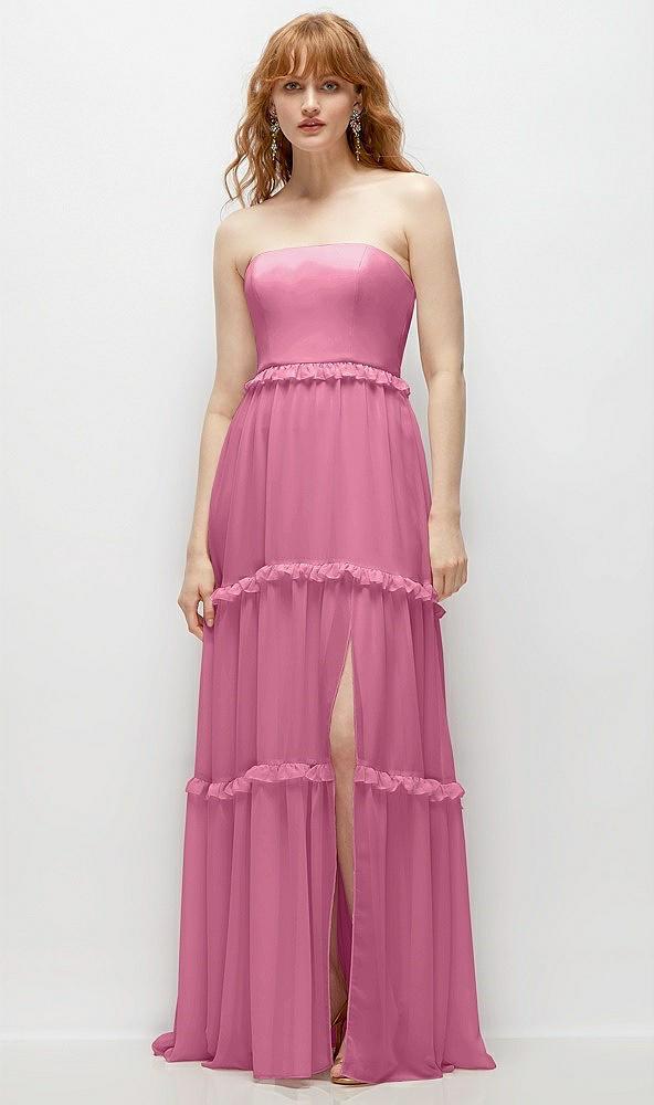 strapless chiffon maxi dress with tiered micro ruffle full skirt