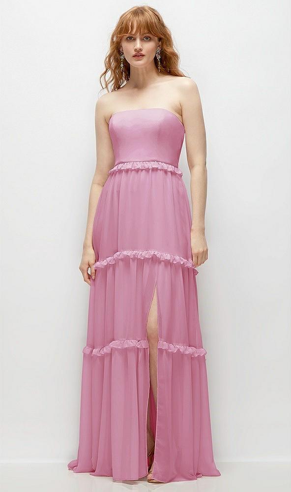 strapless chiffon maxi dress with tiered micro ruffle full skirt