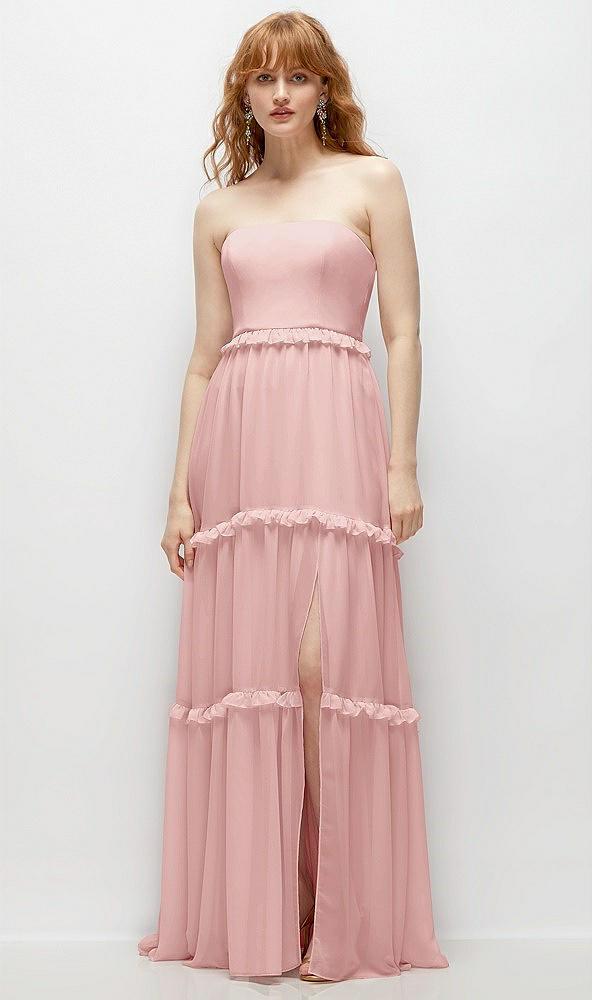 strapless chiffon maxi dress with tiered micro ruffle full skirt